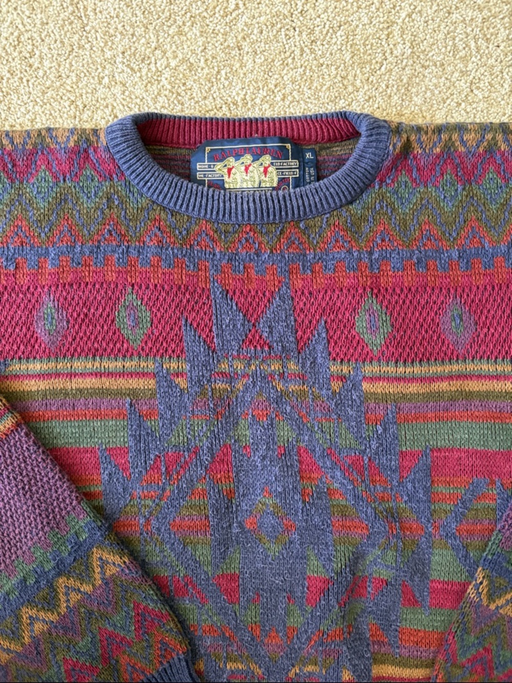 Ralph Lauren Multicolor Geometric Crewneck Sweater — Blue, Red, Green, Purple